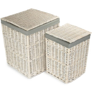 Square White Wash Wicker Laundry Basket with Grey Sage Lining